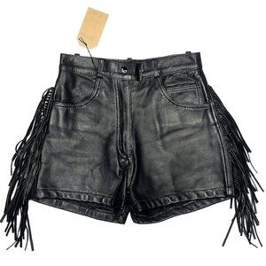 High Waist Black Leather Fringe Shorts